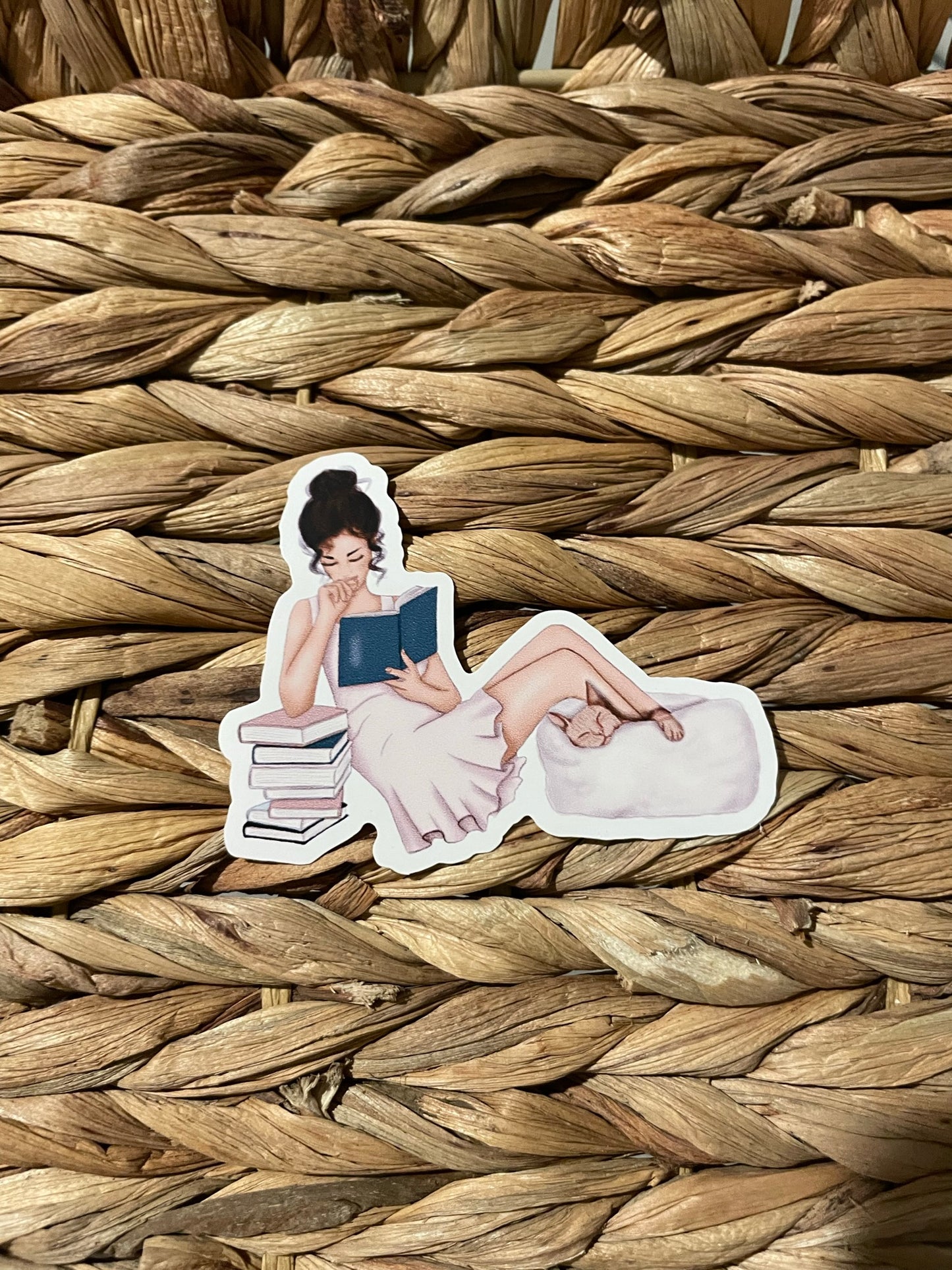Reading with fur baby- light skin Sticker
