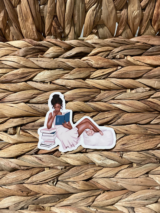 Reading with fur baby -Dark Skin Sticker