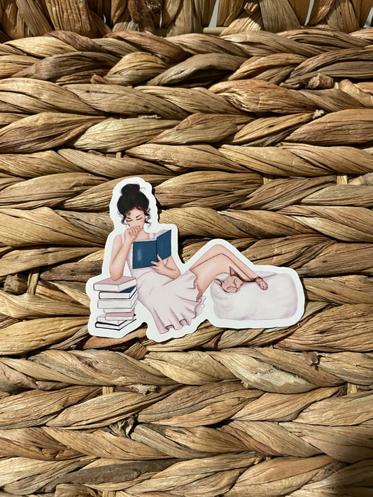 Reading with fur baby- light skin Sticker