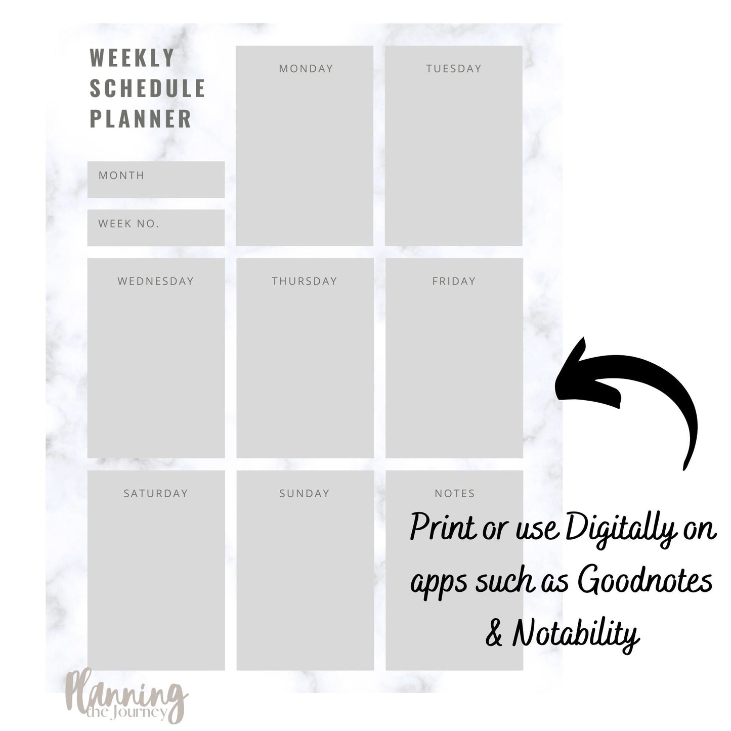 Weekly Planner Digital Download with Grey Marble Background