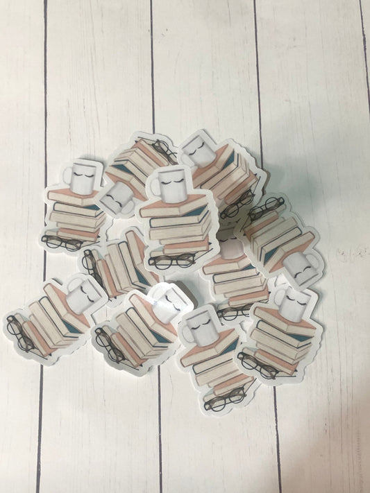 Books w/ Coffee Mug miniature stickers, decal, weatherproof