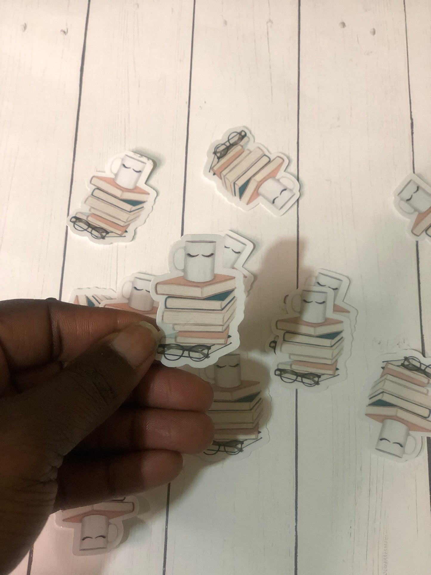 Books w/ Coffee Mug miniature stickers, decal, weatherproof
