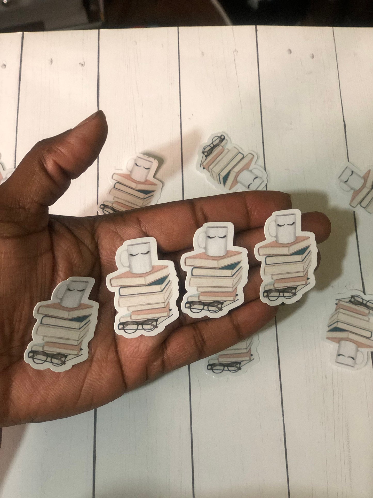 Books w/ Coffee Mug miniature stickers, decal, weatherproof
